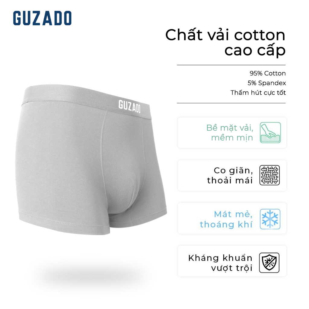 COMBO 3 Quần Lót Nam Guzado Cotton Compact Co Giãn 4 Chiều,Quần Sịp Nam Boxer Thoáng Khí Vượt Trội CB3GBX