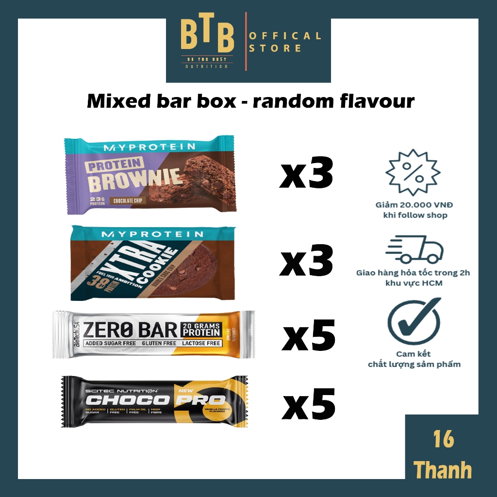 Hộp 16 thanh bánh protein bar hương vị ngẫu nhiên từ nhiều hãng hàm lượng protein cao