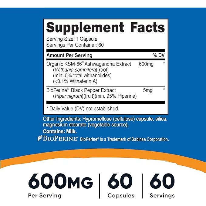 Viên uống nhân sâm Ấn Độ KSM-66 600mg 60 viên Ashwagandha root extra hỗ trợ giảm căng thẳng stress từ NUTRICOST
