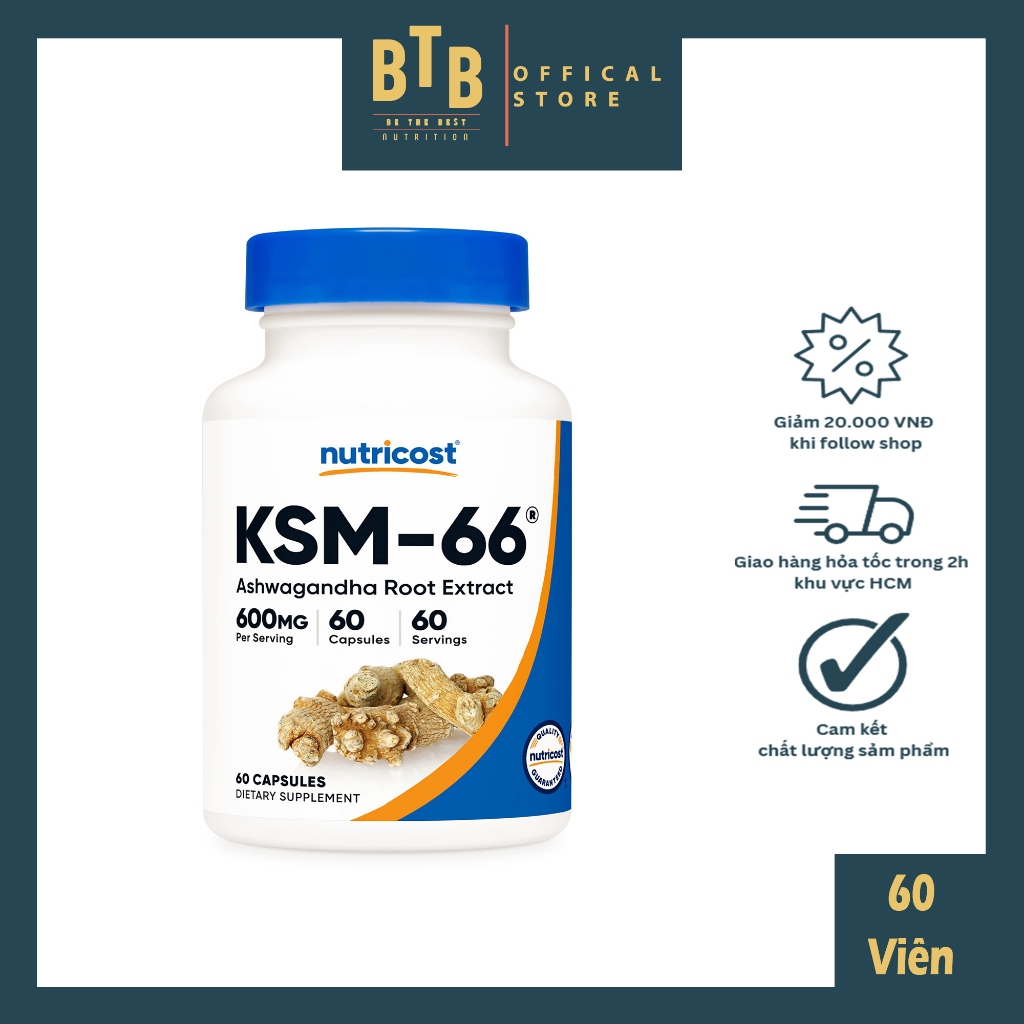 Viên uống nhân sâm Ấn Độ KSM-66 600mg 60 viên Ashwagandha root extra hỗ trợ giảm căng thẳng stress từ NUTRICOST