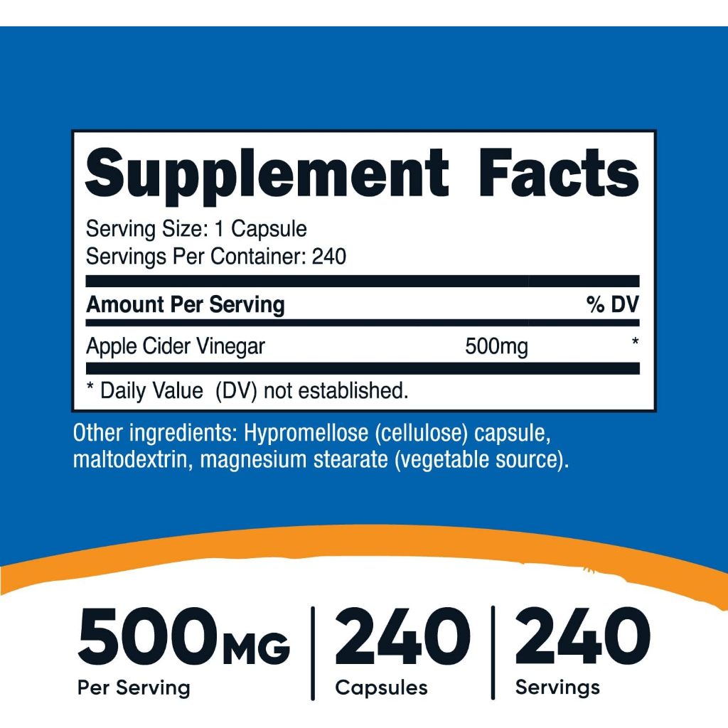 Viên uống giấm táo APPLE CIDER VINEGAR 500mg 240 viên hỗ trợ giảm cân cải thiện hệ tiêu hóa từ NUTRICOST