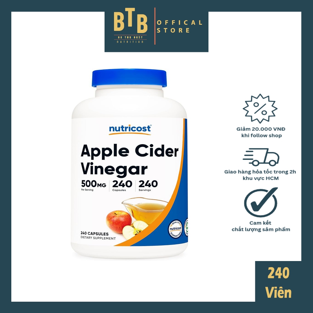 Viên uống giấm táo APPLE CIDER VINEGAR 500mg 240 viên hỗ trợ giảm cân cải thiện hệ tiêu hóa từ NUTRICOST