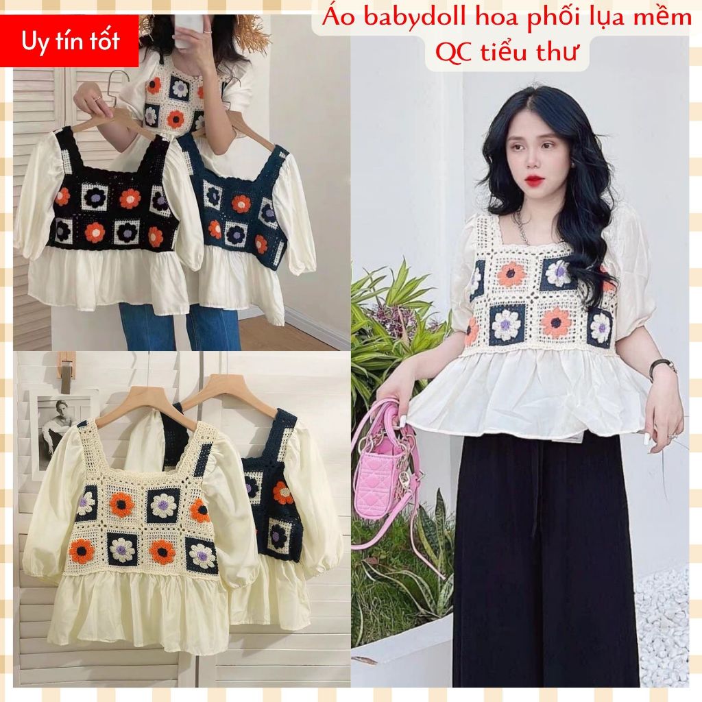 Áo Babydoll nữ chất len sợi thêu hoa nổi phối lụa mềm A39