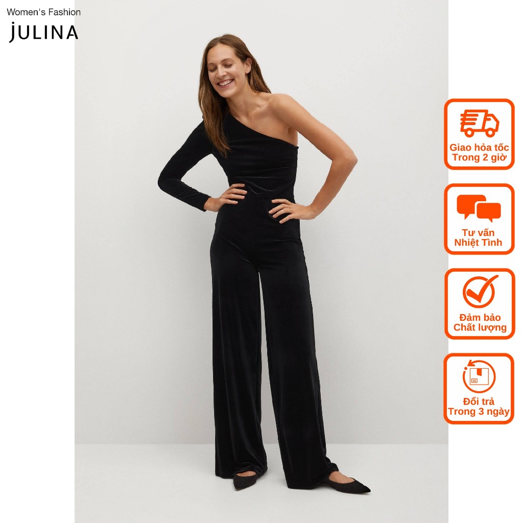 Jumpsuit áo liền quần lệch vai nhung đen MNG 77069214