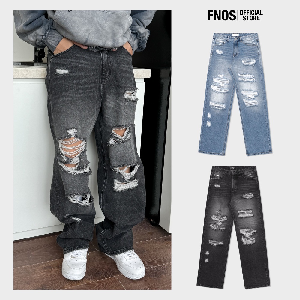 Quần Jeans Nam Dáng Rộng FNOS Streetwear EXTRA REGULAR DISTRESSED JEANS ERG6-7 - Local Brand Chính Hãng