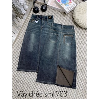   BIGSIZE 75KG  703 Chân Váy Jean Nữ 93CALY Dài Qua Gối Lưng Cao Cạp 2 Cúc Xẻ Sau CV bò dài lửng đẹp 