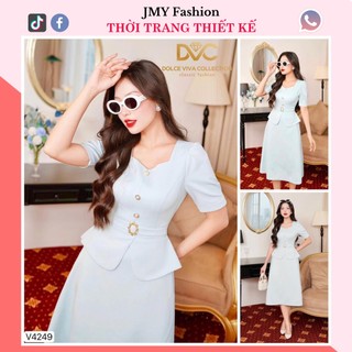 V4274 Váy đầm xanh cổ V dáng A công sở [Dolce Viva Colection (DVC)] váy xanh pastel đai eo sang chảnh