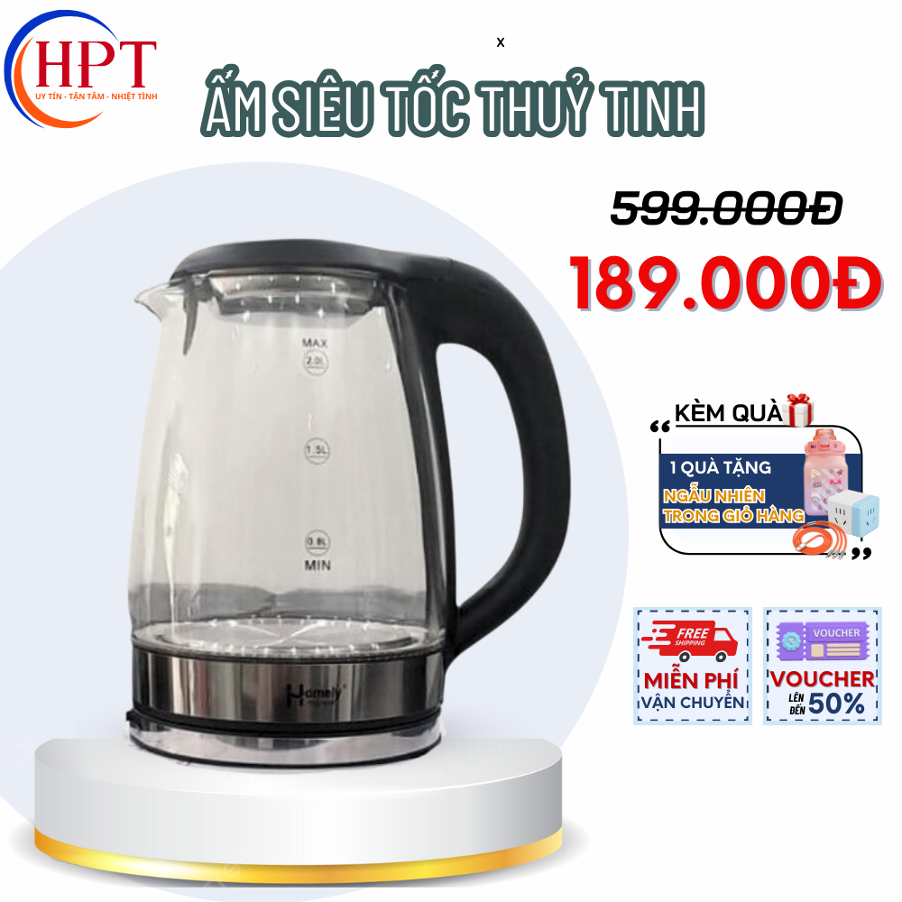 Ấm siêu tốc thủy tinh Homely HL -152, công suất 1500W, dung tích 1.8L, đun sôi nhanh, an toàn, bảo hành chính hãng