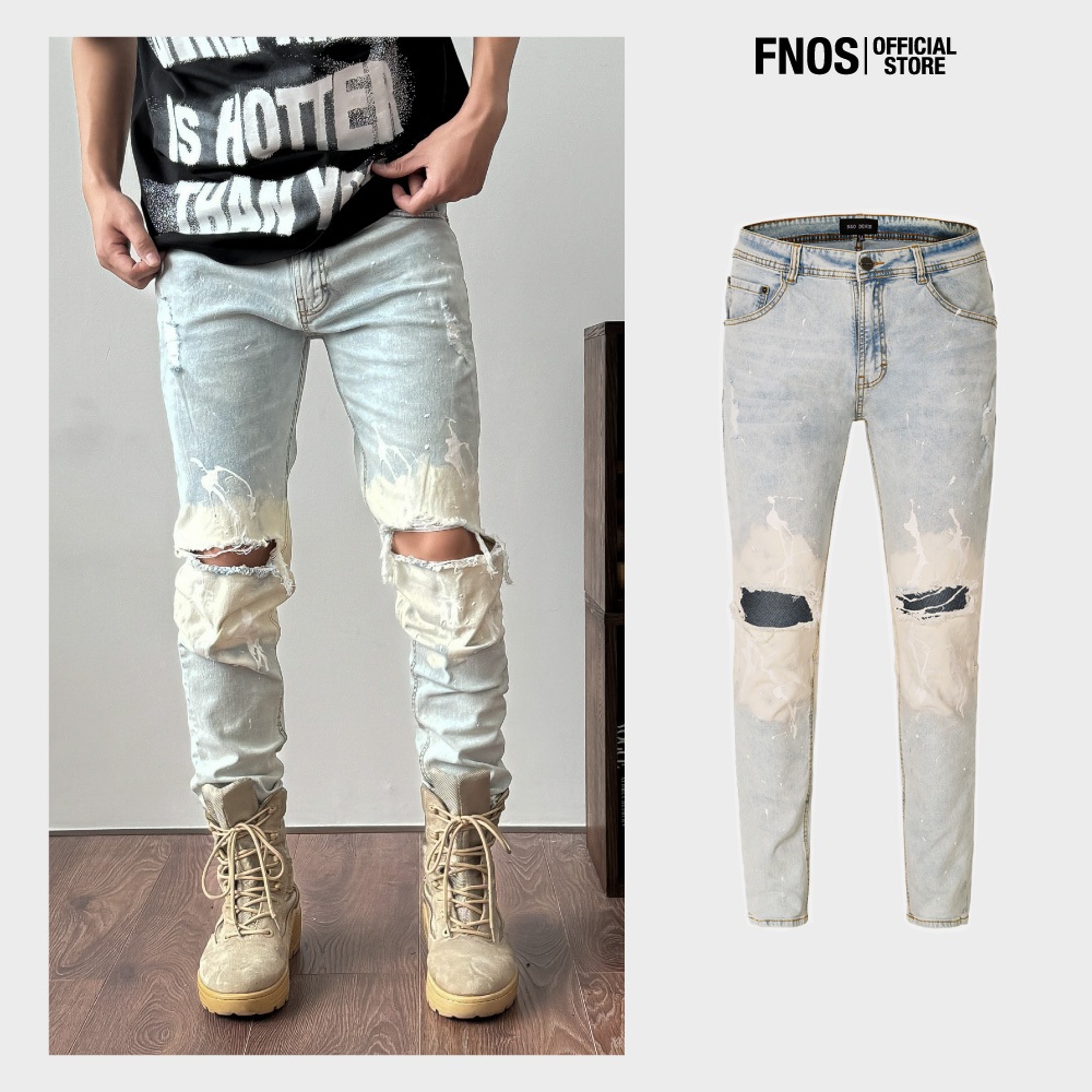 Quần Skinny Jeans Nam FNOS Streetwear Màu Xanh Vẩy Sơn NZ48 - Local Brand Chính Hãng