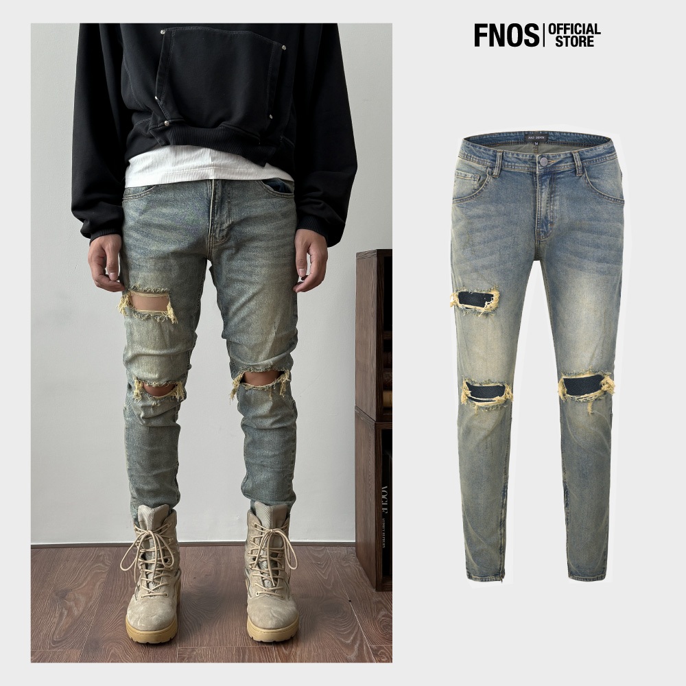 Quần Skinny Jeans Nam FNOS Streetwear Màu Xanh Rách Gối Có Zip Z8 - Local Brand Chính Hãng