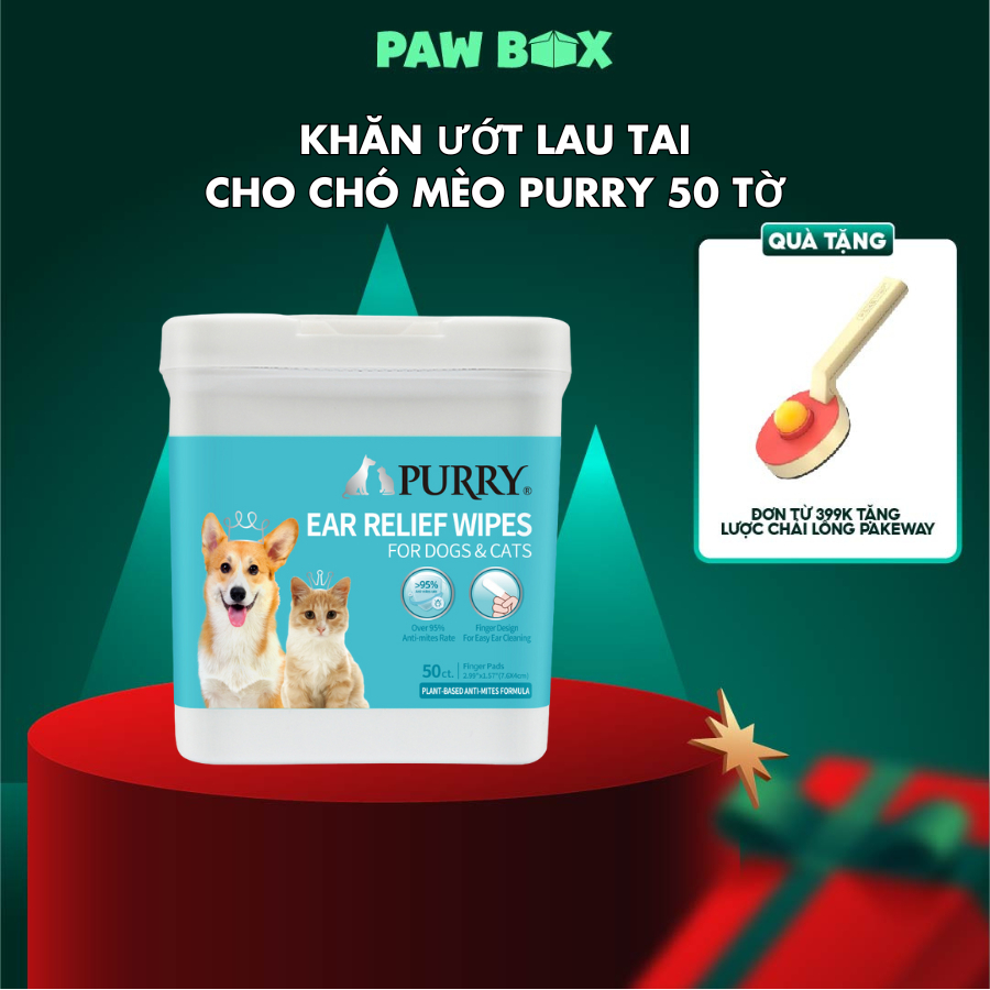 Khăn ướt vệ sinh tai Purry cho chó mèo, xỏ ngón tay vào dễ sử dụng 50 tờ