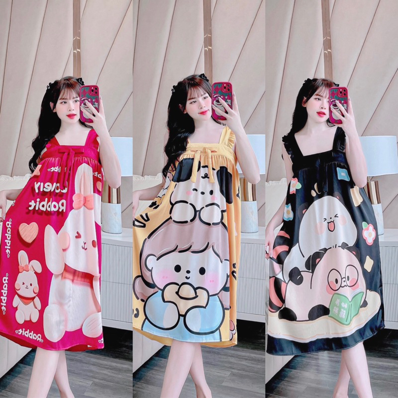 Váy ngủ 2 dây bản to, cánh tiên viềng chun lưng, đầm mặc nhà dễ thương chất LỤA XƯỚC ánh kim, free size