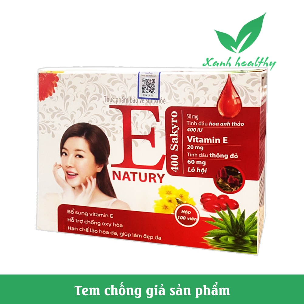Hộp 100 viên Vitamin E natury 400 sakyro - giảm lão hóa làm đẹp da, ngừa sạm da, nhăn da  giúp da mịn màng