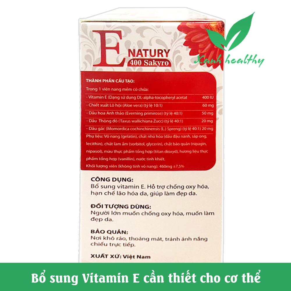 Hộp 100 viên Vitamin E natury 400 sakyro - giảm lão hóa làm đẹp da, ngừa sạm da, nhăn da  giúp da mịn màng
