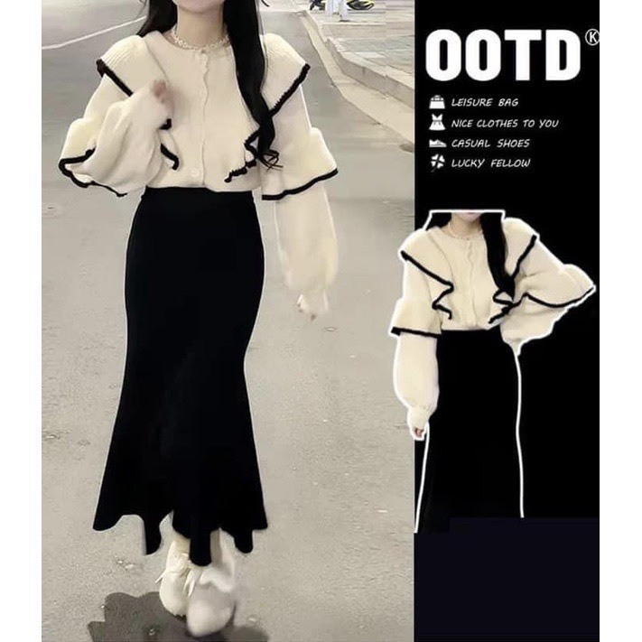 Sét áo bèo viền đen mix chân váy đuôi cá tiểu thư điệu đà LD098