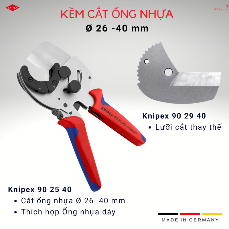 Kìm Knipex 90 25 40 Cắt Ống Nhựa PPR Đường Kính Ø 26 đến 40mm G7 Tools Hà Nội