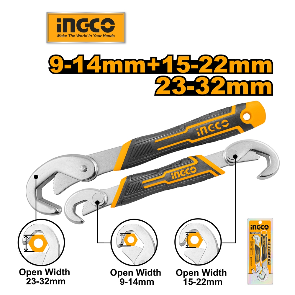 Bộ 2 mỏ lết đa năng INGCO HBWS09328 bộ kèm 1 chiếc cờ lê hai đầu mở, 9-14mm,15-22mm và 1 cờ lê một đầu mở, 23-32mm