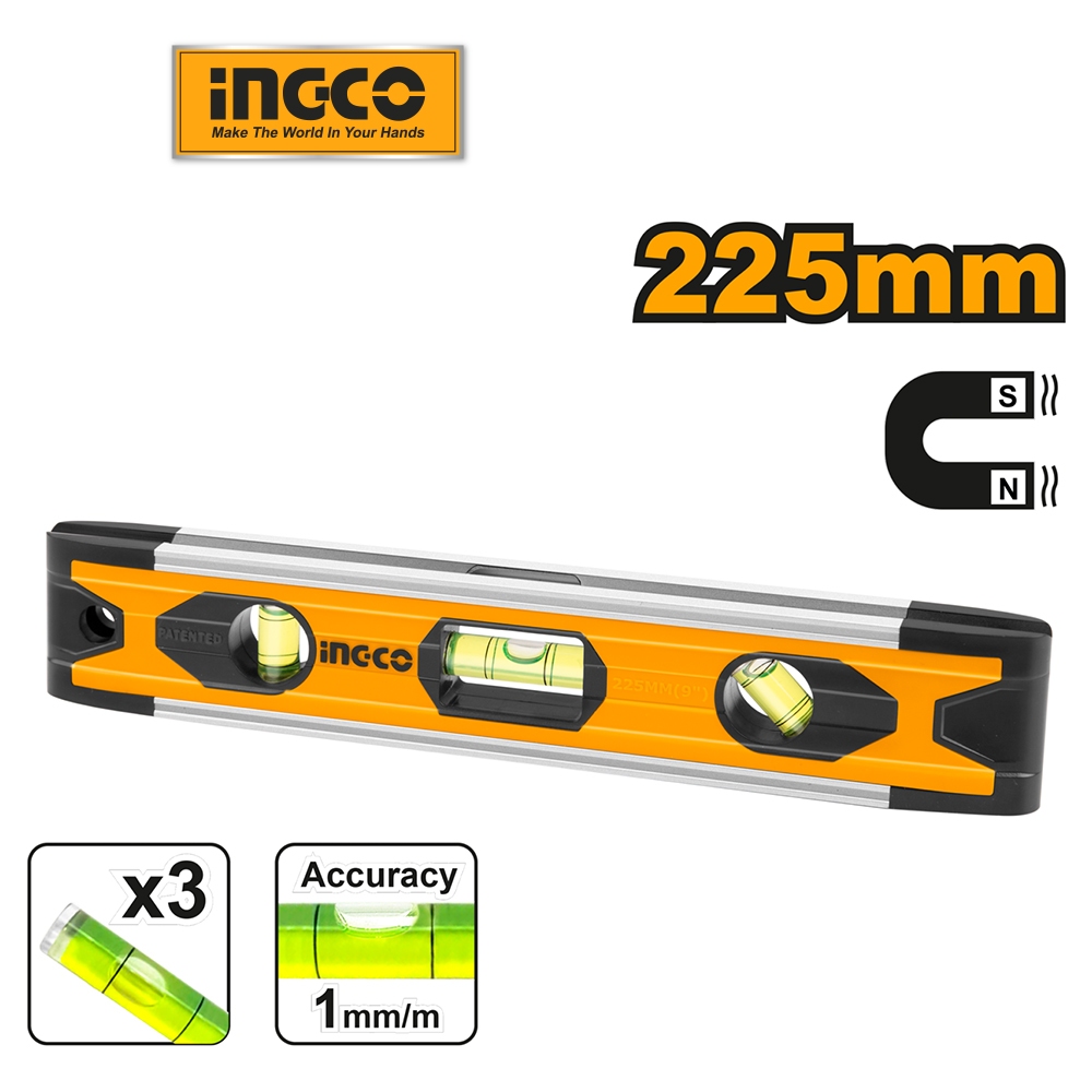 Thước thủy có nam châm dài 225mm INGCO HMSL01030 cho Thợ Xây, Mộc và Gia Đình