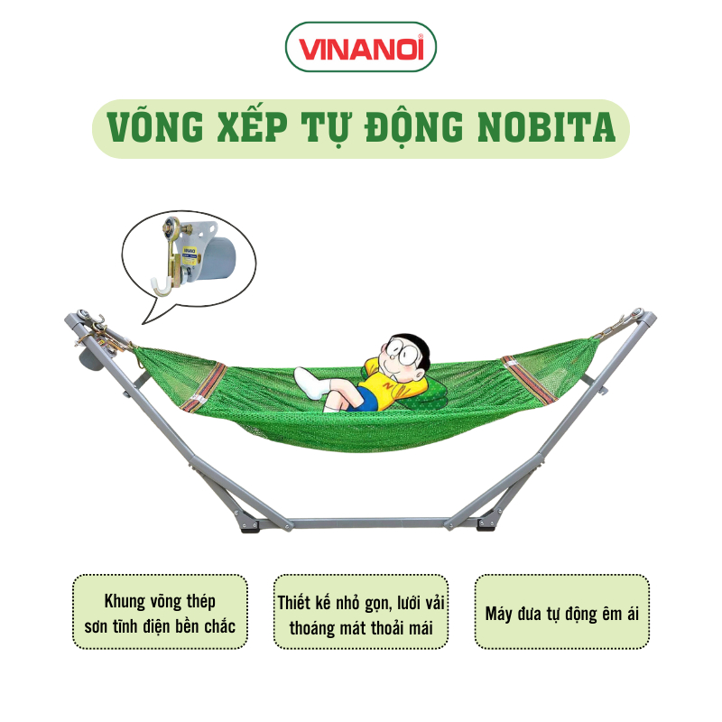 Võng xếp tự động khung thép elip cho bé nobita bao gồm khung võng, lưới võng màu xanh lá, máy đưa võng sức đưa 35 kg (VN