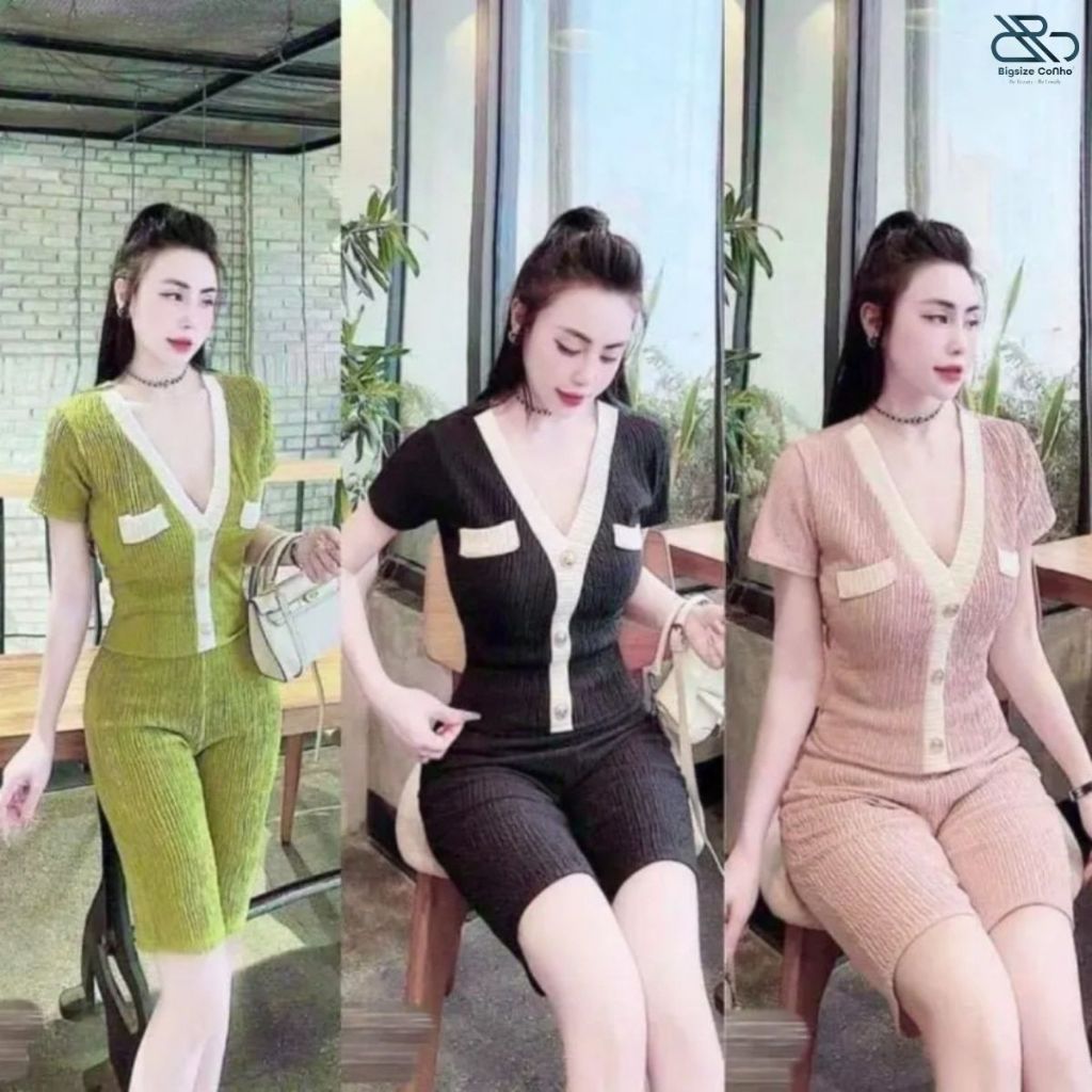 Đồ bộ nữ Bigsize Cô Nhỏ gồm quần ngố với áo thun vải xốp mềm nhẹ mặc mát tay ngắn cổ V lai trắng điểm nhấn SET37