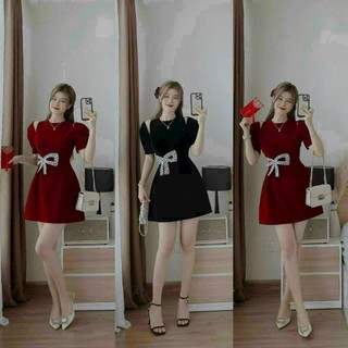 Đầm nhung khoét vai nơ eo đính đá siêu xinh phù hợp đi chơi noel, tết D139