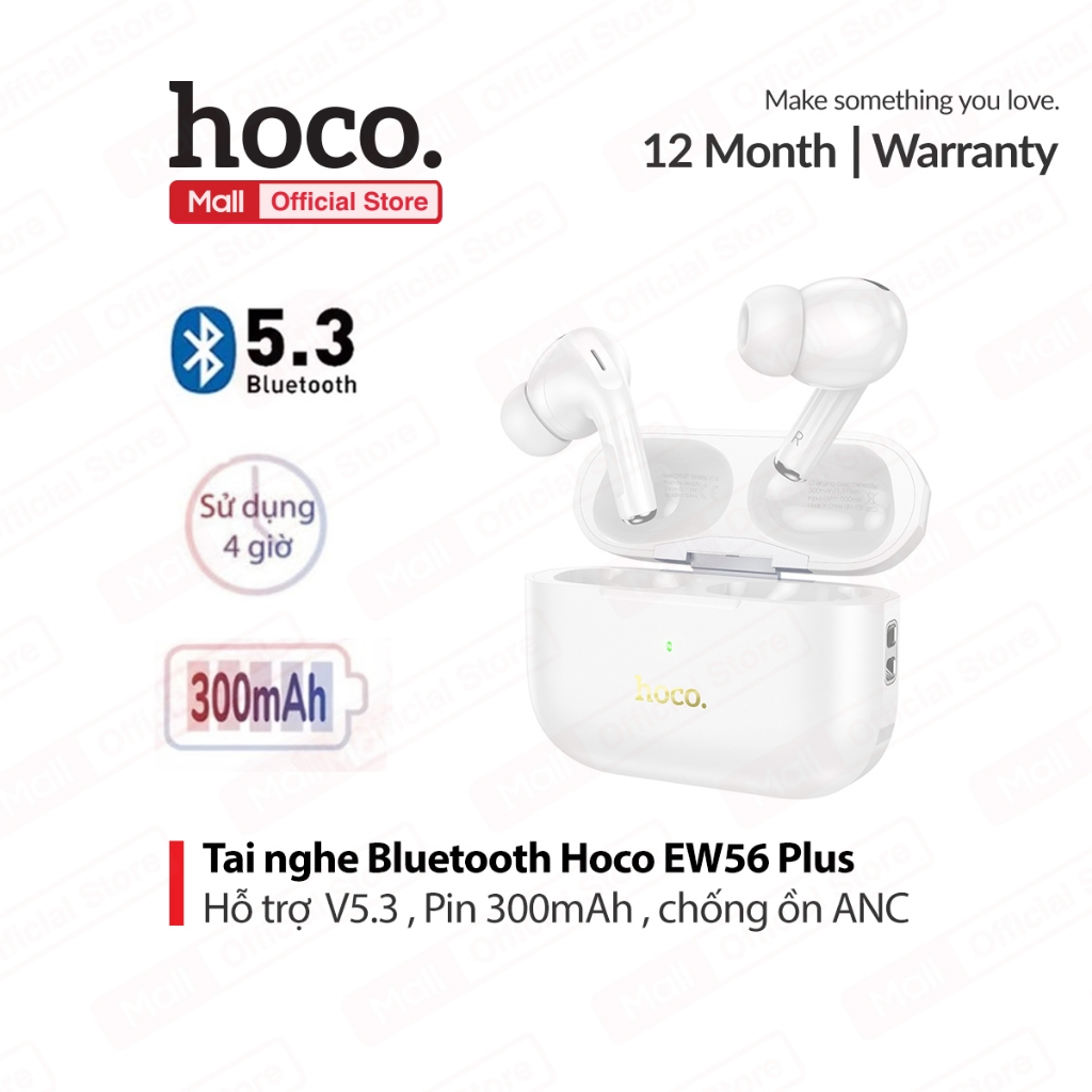 Tai nghe bluetooth Hoco EW56 Plus V5.3, dung lượng pin 300mAh, sử dụng 4h, hỗ trợ giảm tiếng ồn ANC