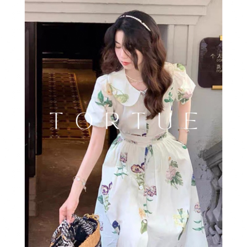 V067 Set áo váy xòe dài hoa lá cổ sen thanh lịch phong cách vintage retro mới 2023