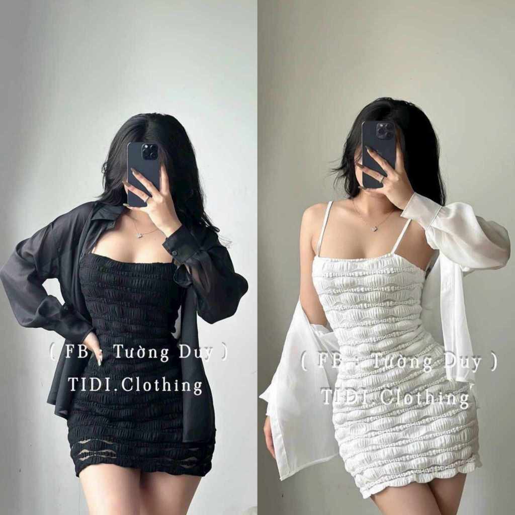 Sét đầm nữ body tầng sóng kèm áo sơ mi ánh kim tay dài dịu dàng sang chảnh