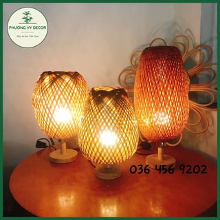 Đèn bàn, đèn ngủ để bàn bằng mây tre đan trang trí nhà cửa, homstay độc đáo Phương Vy Decor