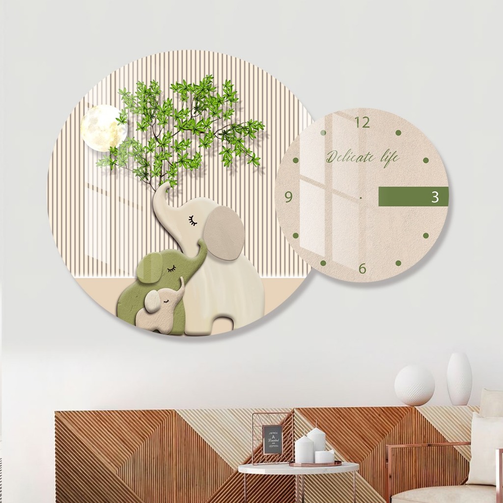 Tranh Đồng Hồ Treo Tường Tráng Gương Phòng Khách Phòng Ngủ Họp CTY Decor Hoa Lá Voi Vintage Xem Giờ Qùa Tân Gia