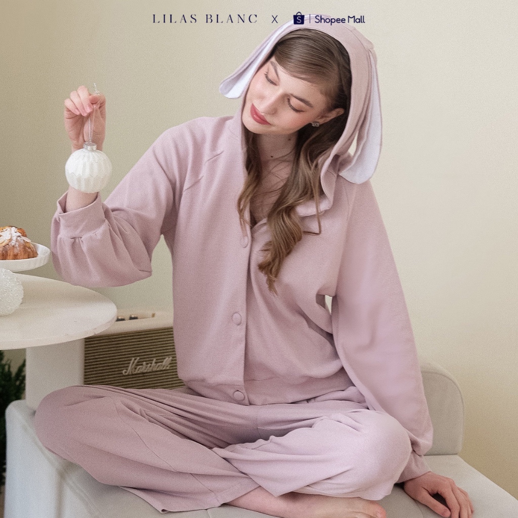 Bộ Nỉ Nữ Kèm Mũ Thỏ Màu Hồng Sweetie Bunny LILAS BLANC