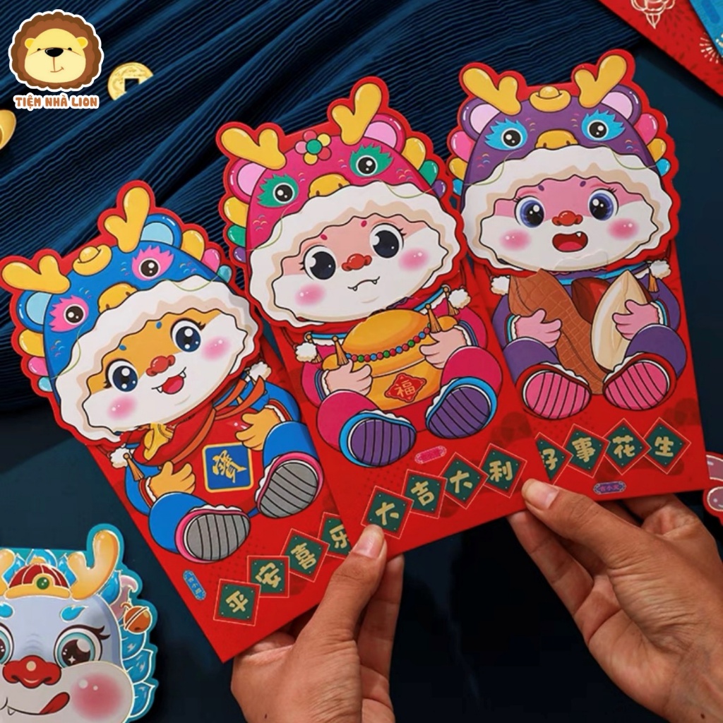 Set 4 Bao Lì Xì May Mắn 2024 Họa Tiết Rồng Dễ Thương Phong Cách Trunng Hoa