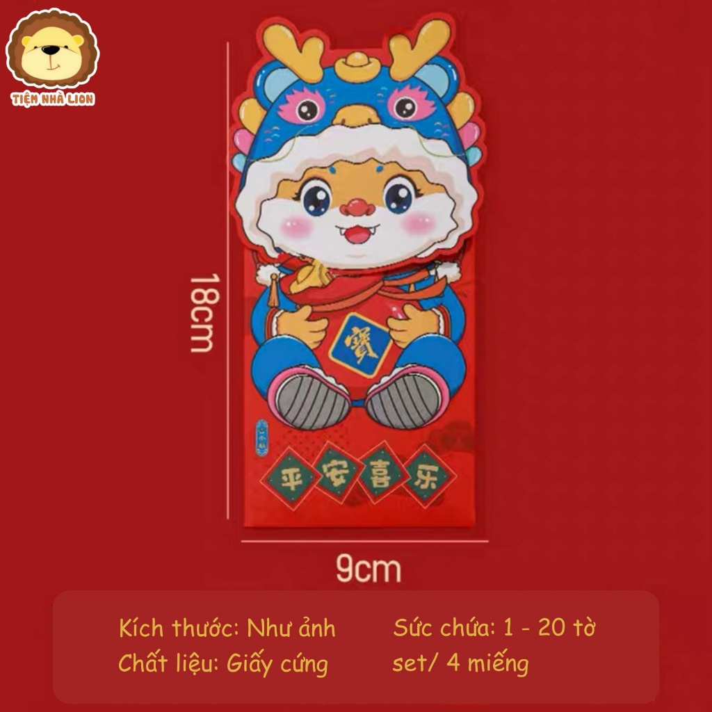 Set 4 Bao Lì Xì May Mắn 2024 Họa Tiết Rồng Dễ Thương Phong Cách Trunng Hoa