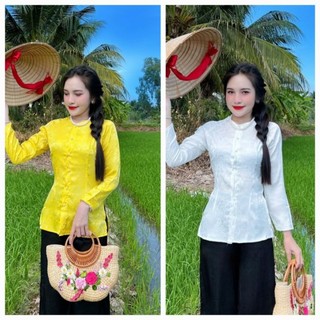 Bà ba cổ tym gấm /bà ba gấm dài tay cổ tym/bà ba gấm nút cài trước
