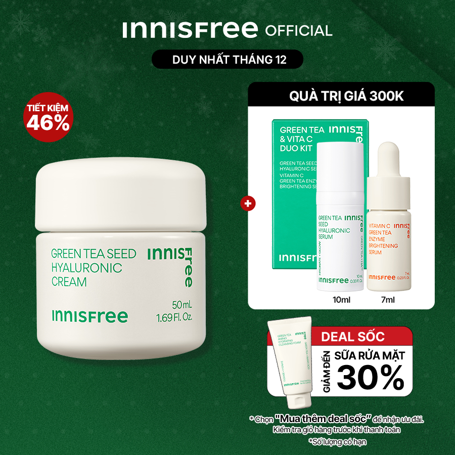 [Mã COSINNIJ - 8% đơn 250K] Kem dưỡng ẩm trà xanh innisfree Green Tea Seed Hyaluronic Cream 50ml