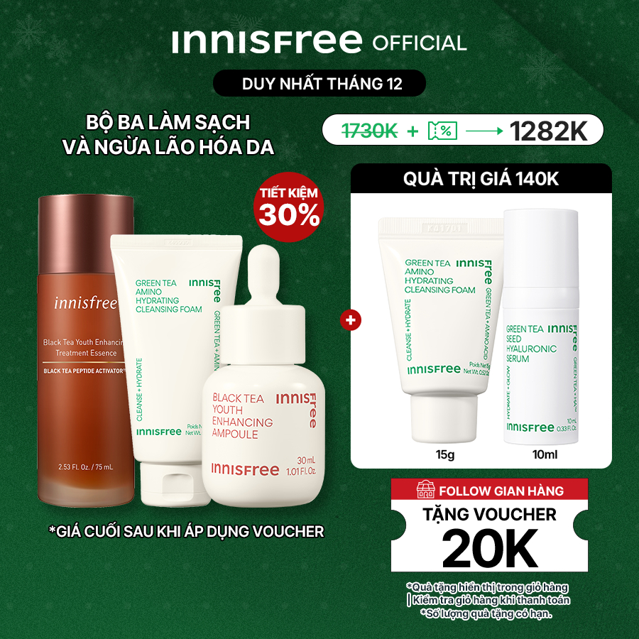 Bộ sản phẩm chống lão hóa innisfree Black tea youth ampoule 30ml Black tea Essence 75ml Sữa rửa mặt Green Tea Foam 150g