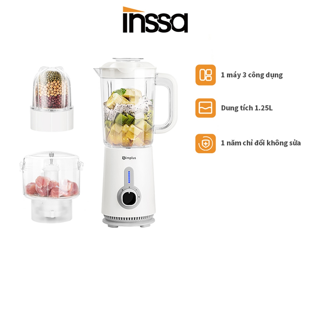 INSSA Máy Xay Sinh Tố Đa Chức Năng 1.25L, công suất lớn 380W, 3 cối đa dụng, lưỡi dao thép không gỉ