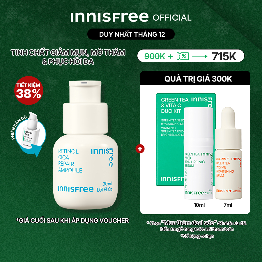 [Mã COSINNIJ - 8% đơn 250K] Tinh chất dưỡng phục hồi da innisfree Retinol Cica Repair Ampoule 30 mL (New2023)