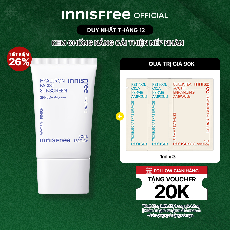 Kem chống nắng dưỡng ẩm & cải thiện nếp nhăn innisfree Hyaluron Moist Sunscreen Essence Texture SPF50+ PA++++ 50 mL