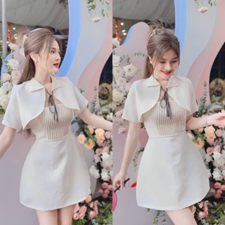 BIGSIZE HIẾU HIẾU (55-95KG) - Set váy hai dây xếp li dáng ngắn kèm áo khoác cột nơ