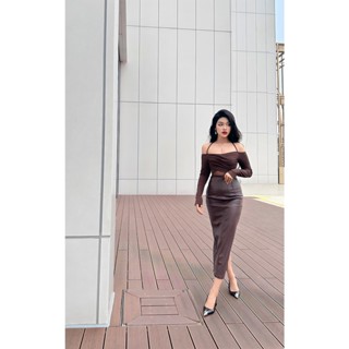 SET LẺ - Áo trễ vai dài tay phối lưới quyến rũ cùng chân váy da dáng bút chì cạp cao kèm belt Lalin Set