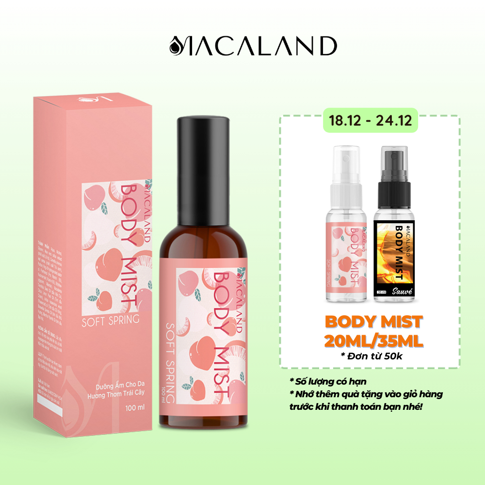 Body Mist đào Soft Spring MACALAND 20ml/100ml hương trái cây đào ngọt ngào tươi mát