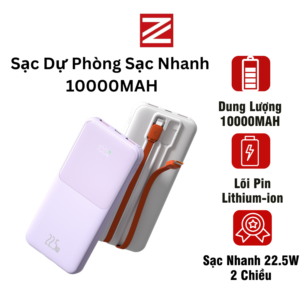 Sạc dự phòng 10000mah sạc nhanh 22.5W tích hợp sẵn dây sạc chính hãng ZUZG J46