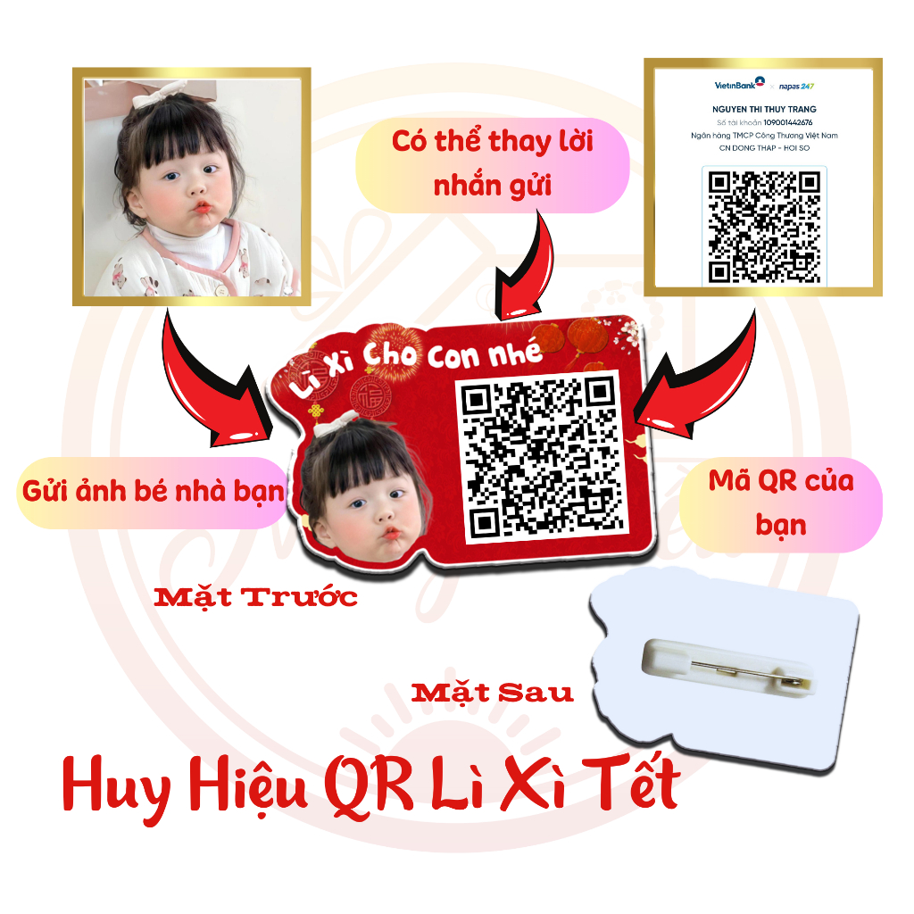 Kẹp tóc, huy hiệu, ghim cài cho bé có gắn mã qr và hình ảnh bé cho tết 2024, sản phẩm độc - đẹp - lạ