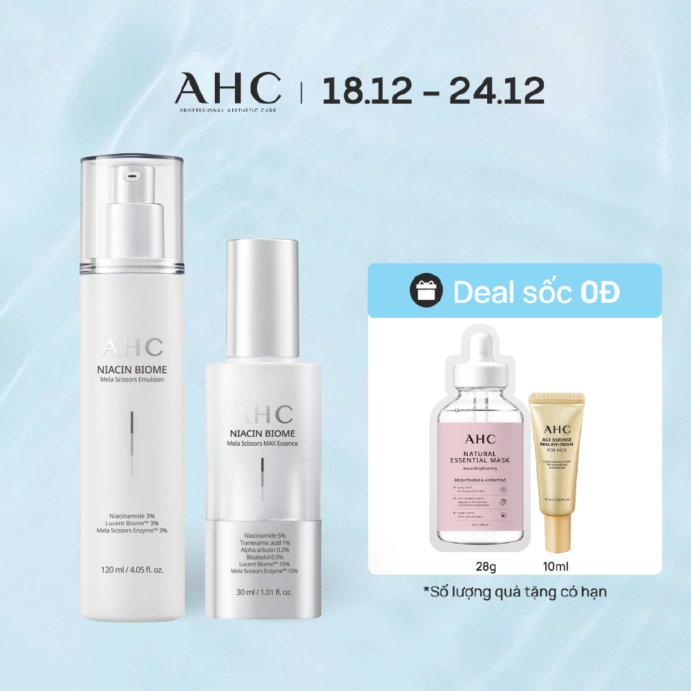 Combo Dưỡng Trắng Và Cải Thiện Đốm Nâu Niacin Biome Tinh Chất Essence 30ml Và Sữa Dưỡng  Emulsion 120ml