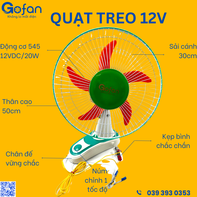Quạ 12v-quạt treo 12V-Gofan-công suất 20W quạt năng lượng mặt trời sải cánh 30cm-5 cánh -lồng 72 nan trắng-motor 12v 545