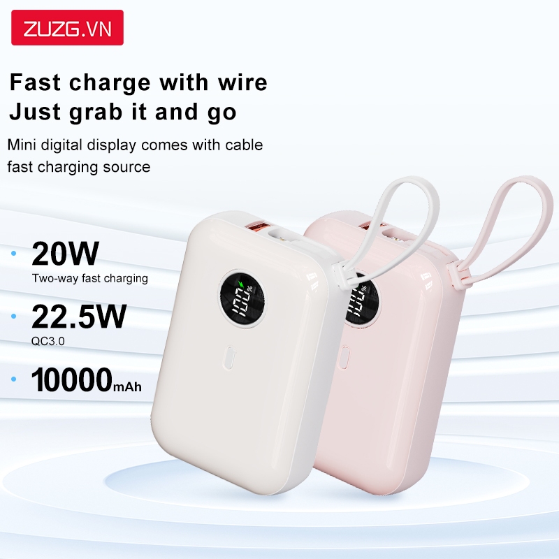 Sạc dự phòng 10000mah sạc nhanh 22.5W tích hợp sẵn dây sạc chính hãng ZUZG J46