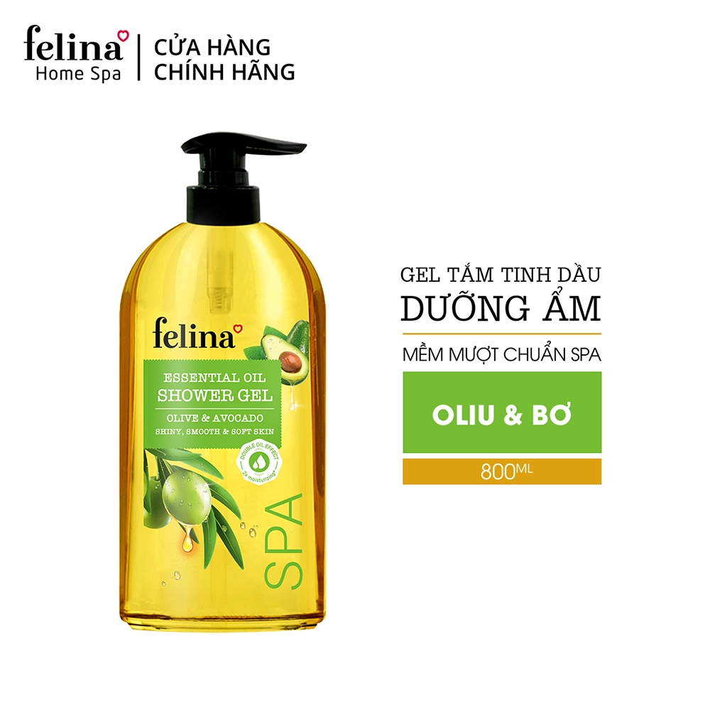 Sữa tắm tinh dầu Felina Home Spa 800ml dạng gel, tinh dầu Oliu & Bơ Tây Ban Nha dưỡng ẩm, da mềm mịn căng mướt gấp 2 lần
