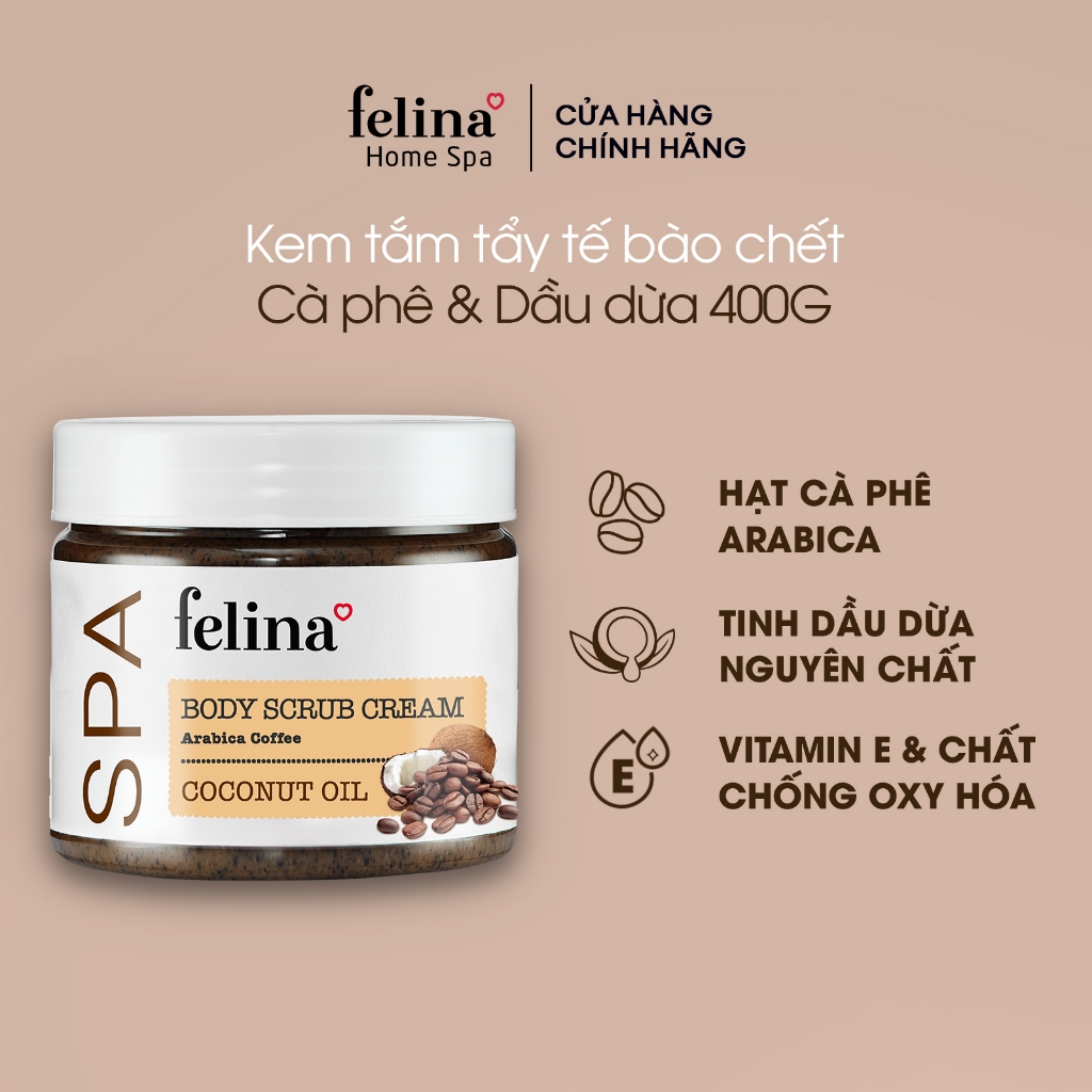 Kem tắm tẩy tế bào chết body Felina Home Spa 400g từ hạt cà phê và tinh dầu dừa giúp da sạch sâu, giảm thâm, đều màu