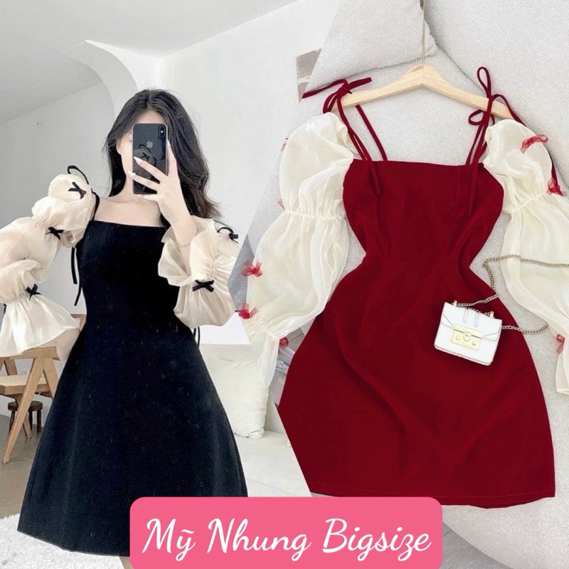 Đầm Nhung Bigsize tay phối tơ đính nơ xinh xắn (60kg đến 95kg)